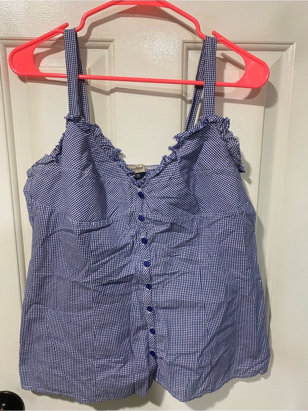 anchor blue Blue Gingham Ruffle-Trim Button Front Tank